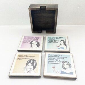 Funny Wine Coasters Set Of 4 With Wooden Holder Retro Style